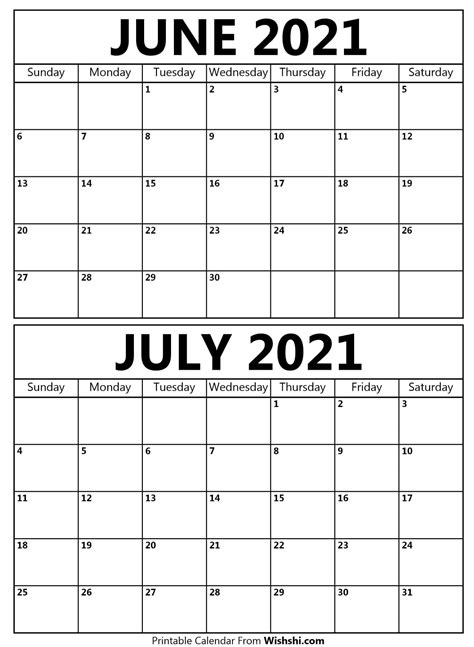 June And July 2021 Printable Calendar